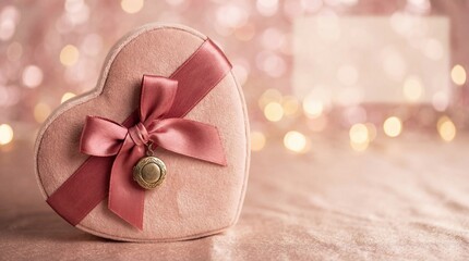 pink velvet heart shaped gift box with ribbon and locket on sparkling bokeh background. valentine's day celebration. romantic love present. banner, website header, greeting card with copyspace.