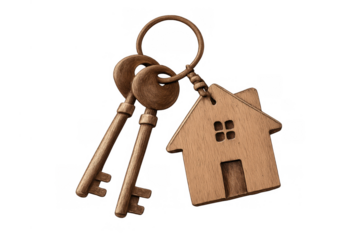 House keys with wooden home keychain symbolizing real estate, property ownership, and securing a new residence on transparent background