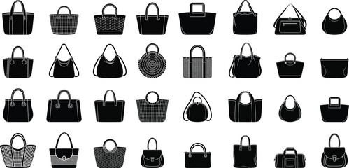 A comprehensive collection of 30 distinct handbag silhouettes showcasing diverse styles