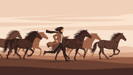 Woman Running With Horses In The Brown Tones Landscape Vector Illustration