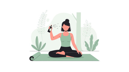 Woman Meditating On Yoga Mat And Spraying Aromatic Air Freshener In A Peaceful Setting