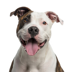 Joyful white and brown dog with open mouth and tongue out standing upright isolated on white background in friendly portrait