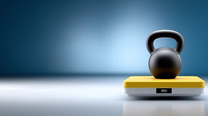 Kettlebell rests on modern yellow digital weighted platform emphasizing strength
