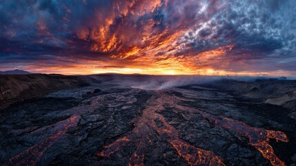 Fototapeta premium Dramatic aerial view of flowing molten rock amidst barren land, under a vibrant, fiery sunset sky