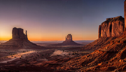 Breathtaking Monument Valley buttes illuminated by golden sunrise light across southwestern desert terrain