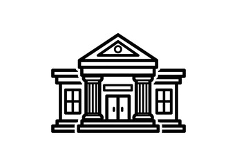 Vector illustration Minimalist black outline icon of a classical-style building featuring prominent columns, a triangular pediment, and double doors.