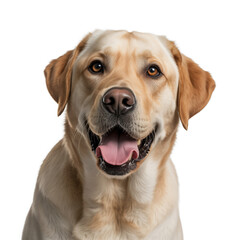 Golden beige Labrador dog with expressive brown eyes and open mouth isolated on white background in friendly portrait illustration
