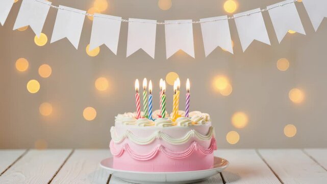 Birthday celebration scene with a pink and white cake topped with seven colorful lit candles. Background has festive bokeh lights and white paper flags. Cheerful holiday atmosphere.