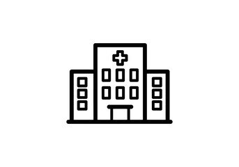 Vector Black and white house Minimalist black outline hospital building icon with a prominent medical cross symbol.