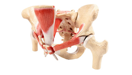 Medical pelvic floor model displayed on clean white surface showcasing muscles and ligaments anatomy used in classroom anatomy sessions and professional training.