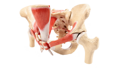 Medical pelvic floor model displayed on clean white surface showcasing muscles and ligaments anatomy used in classroom anatomy sessions and professional training.