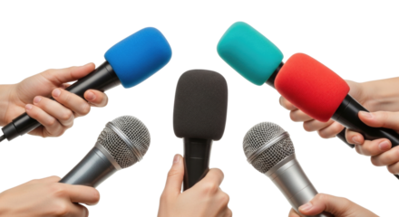 Multiple microphones held by hands transparent background cutout png