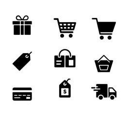 Minimalist black solid icons set for e-commerce, online shopping, retail marketing and logistics.
