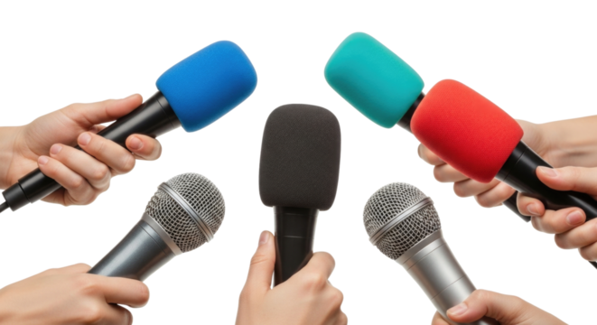 Multiple microphones held by hands transparent background cutout png - Powered by Adobe