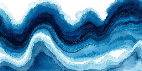Colorful ink swirl in blue, pink, and orange creating a dynamic.Abstract blue and white flowing waves resembling ocean currents or mountainous landscape.