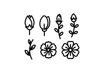 Set of floral elements for design Minimalist Black Outline Flower and Bud Icons Set with Simple Line Art Design.