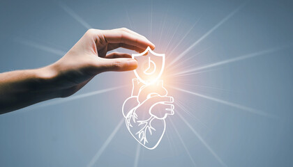 Conceptual image showing human hand protecting illuminated anatomical heart icon with shield overlay, symbolizing healthcare protection, medical insurance, and wellness security