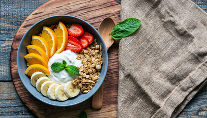 Artfully arranged healthy breakfast bowl with colorful fresh fruits, creamy yogurt, granola and mint garnish. Perfect for wellness, nutrition, and lifestyle content
