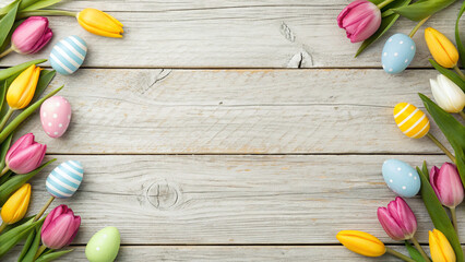 Colorful easter eggs and tulips arranged on wooden table for holiday celebration