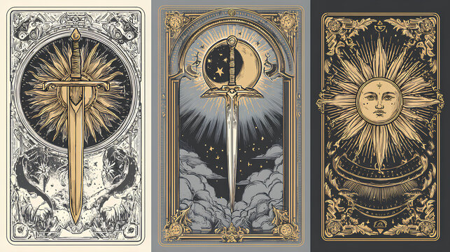 Tarot card doodle frame, magic fantasy game border set vector hand drawn spiritual sign occult print. Vintage astrology witchcraft deck template, reverse side design, sword, sun, moon. Tarot frame 