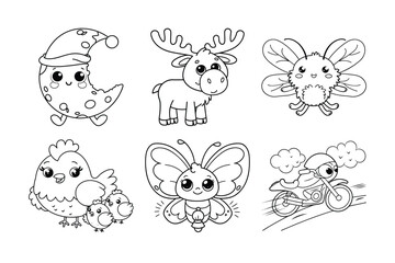 Fototapeta premium Adorable Kawaii Animals Collection Featuring Deer, Butterfly, And Motorbike Line Art For Childrens Designs