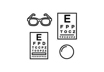 Vector Minimalist Black Outline Eye Care Icons Set with Eyeglasses and Snellen Charts.