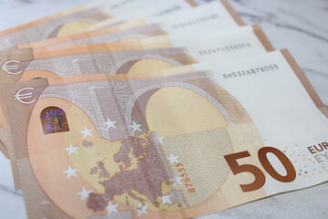 Fifty Euro Banknote, Close-Up of European Currency, Financial Concept