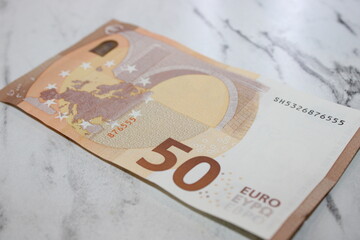 Single Fifty Euro Banknote, Close-Up of European Currency, Financial Concept