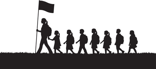 Silhouette of Children Walking in Line with Flag