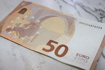 Fifty Euro Banknote, Close-Up of European Currency, Financial Concept