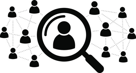 People search concept, magnifying glass over human profile connected social network icons digital recruitment community communication business teamwork leadership analysis connection technology