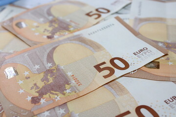Fifty Euro Banknote, Close-Up of European Currency, Financial Concept