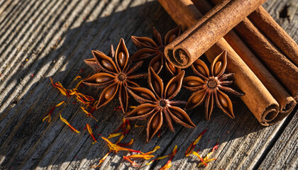 Aromatic star anise pods and cinnamon sticks scattered on weathered wooden surface with golden saffron threads