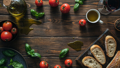Rustic Mediterranean culinary ingredients arranged overhead on weathered wooden table with fresh tomatoes and artisan bread