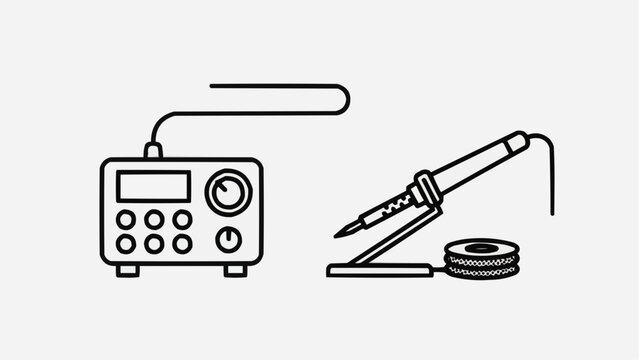 Electronic device and soldering iron on work surface, showcasing repair equipment and technical tools in a technical illustration