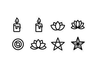 Set of religious symbols Minimalist Black Outline Icons Set - Candles, Lotus Flowers, Target, and Stars, featuring clean line art style.