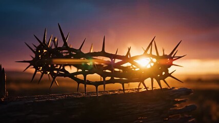 Crown of thorns with sunset light behind it on a wooden cross, symbolizing sacrifice and resurrection at Easter time.
