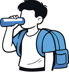Obraz premium Boy Drinking Water Bottle Hydration Backpack