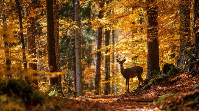 A deer stands in an autumn forest, bathed in golden light. Fallen leaves carpet the path. Tall trees and depth
