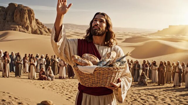 Man with long hair holding basket of bread and fish looks to sky and shares food with other man in desert for religious concept.