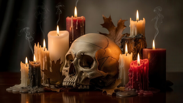 Human skull surrounded by burning candles on wooden table