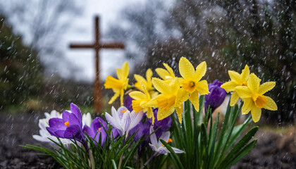 Colorful yellow daffodils and purple crocuses glistening with raindrops in foreground, wooden cross softly blurred in background. Perfect for Easter, memorial, hope themes