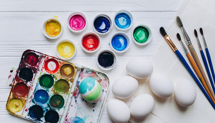 Vibrant Easter Egg Decorating Supplies Arranged in Artistic Flat Lay with Watercolor Paints and Brushes on White Wood Background