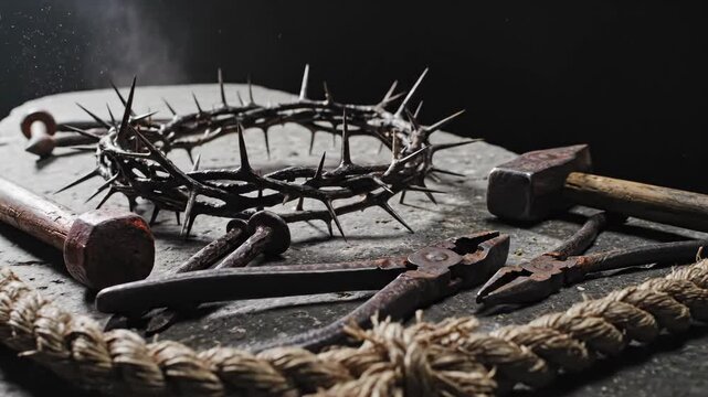 Crown of thorns with ancient tools and rope on a stone in a dynamic video, symbolizing Jesus Christ passion and Easter holiday