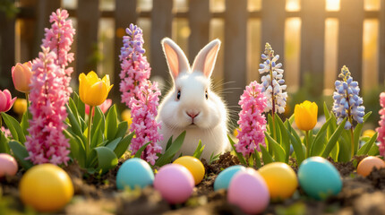 Adorable white bunny nestled among vibrant spring flowers and colorful Easter eggs in charming garden setting