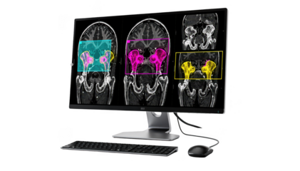 Modern radiology workstation showing pelvic MRI scans with transparent AI annotation boxes highlighting abnormal tissue areas displayed on a sleek monitor.