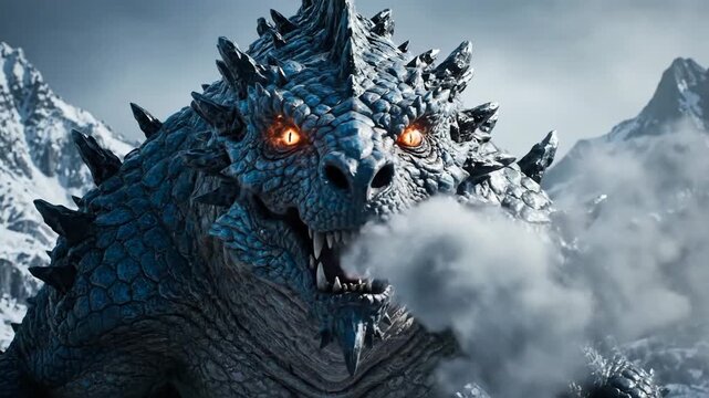 Godzilla monster in snowy mountains landscape.