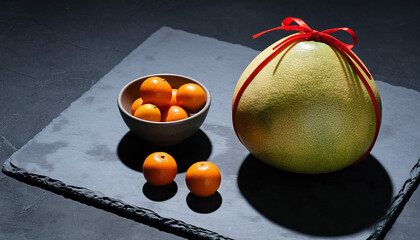 Festive Pomelo Wrapped with Red Ribbon Alongside Orange Citrus in Ceramic Bowl on Slate Surface