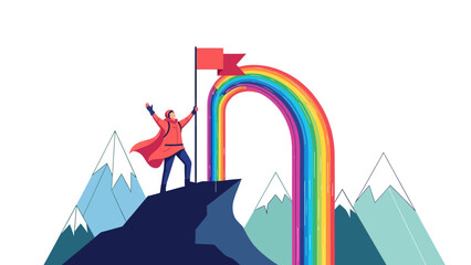 Achieving Success On Top, Climber Reaching Mountain Summit With Rainbow Arch