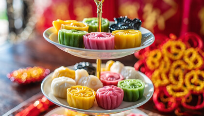 Vibrant Rainbow Niangao Sticky Rice Cakes Displayed on Elegant Tiered Stand for Lunar New Year Celebration
